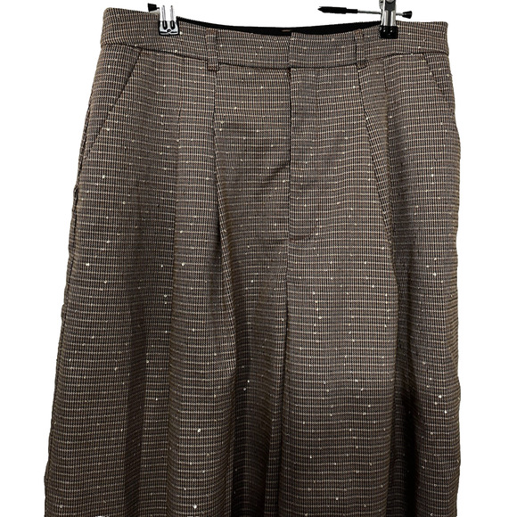 Anthropologie Maeve Pleated Wide Leg Pants Size 12 Brown Metallic Sequins Office - Picture 4 of 10